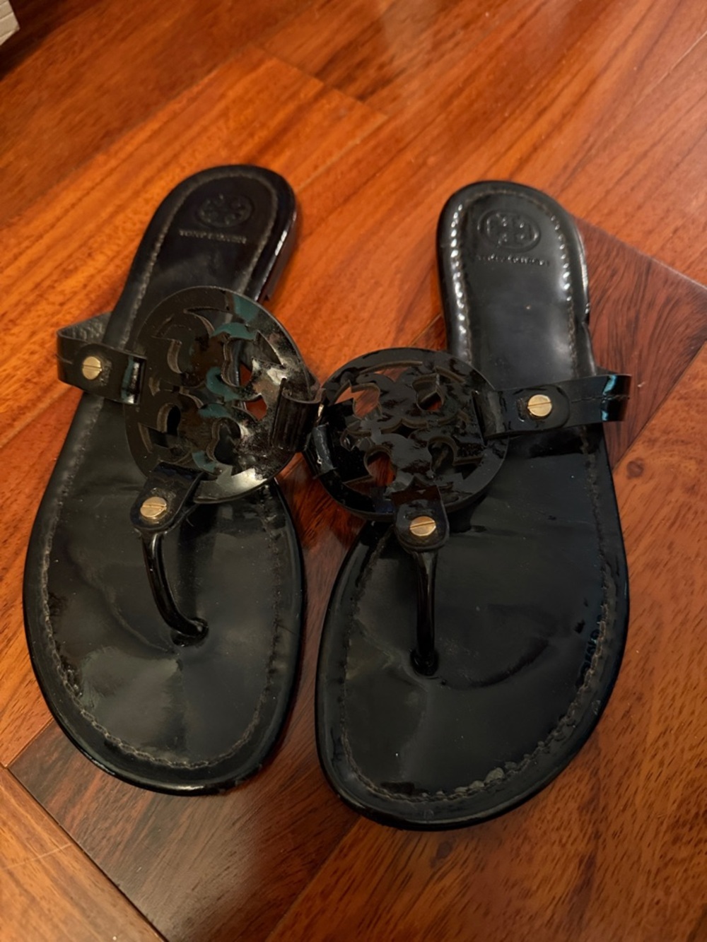 Tory Burch Black Patent Logo Thong Sandals
